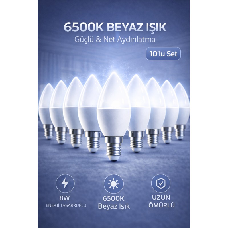 10 Adet 8w Led Ampul E14 Duy 6500k Beyaz Işık Buji Mum Tipi Tasarruflu İnce Duy Avize Ampulü