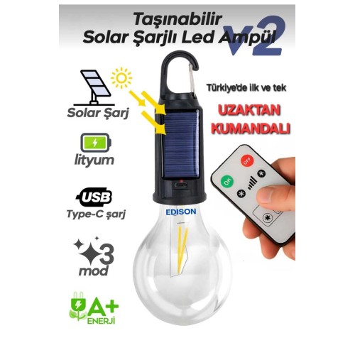 Solar Led Kamp Ampülü Usb Şarjlı Kumandalı Işık - Siyah