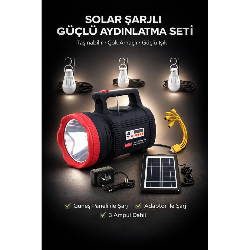 Solar Şarjlı Kamp Feneri 3 Ampul Set Led Acil Durum Aydınlatma - Siyah