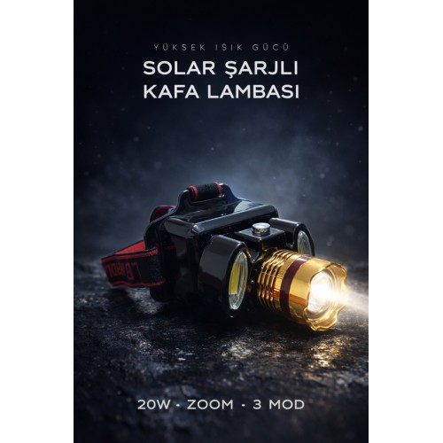 Solar Şarjlı Kafa Lambası 20w Güçlü Işık Zoomlu 3 Mod Led Kamp Tamir Acil Durum Şarjlı - Siyah
