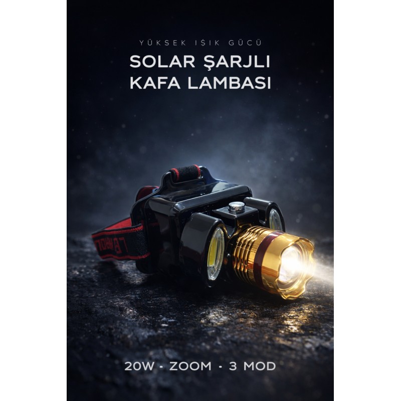 Solar Şarjlı Kafa Lambası 20w Güçlü Işık Zoomlu 3 Mod Led Kamp Tamir Acil Durum Şarjlı - Siyah