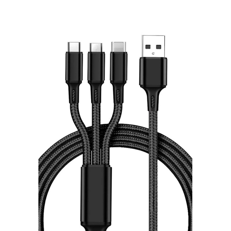 3 In 1 Hızlı Şarj Özellikli Sağlam Kaliteli Şaj Kablosu Lightning - Type C - Micro - Siyah