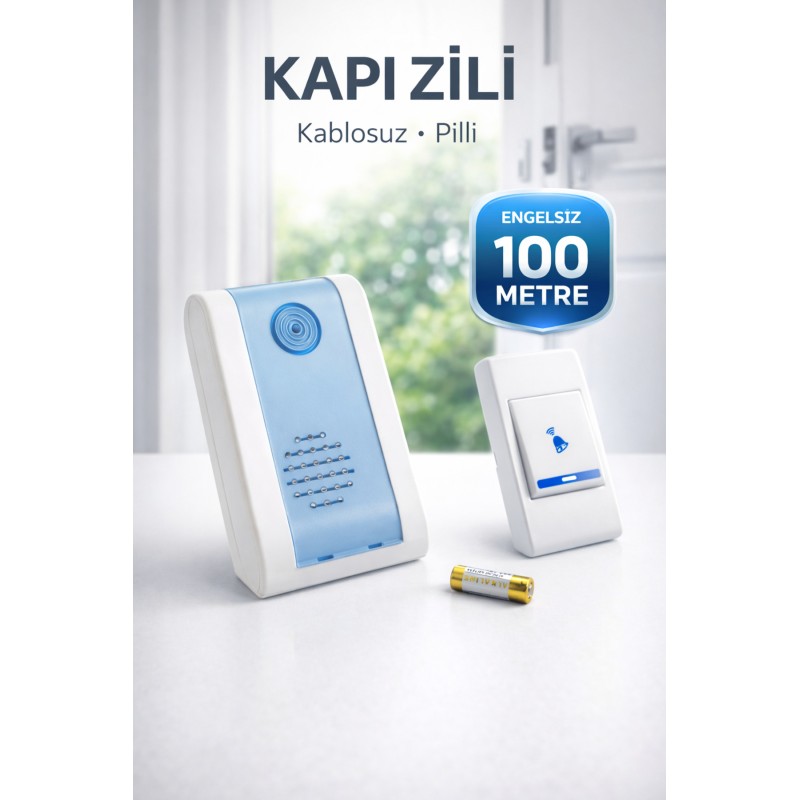 Pilli Kablosuz Kapı Zili Engelsiz 100 Metreye Kadar Menzil Prizsiz Kolay Kurulum Güçlü Ses