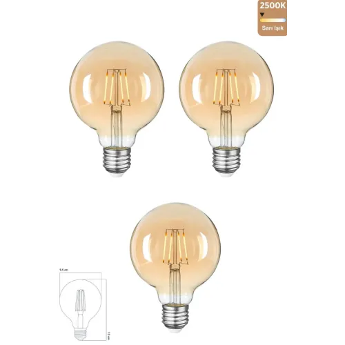 Edison Rustik LED Ampul G95 Globe – 3’lü Paket, E27 Duy, 4W 2500K Sarı Işık