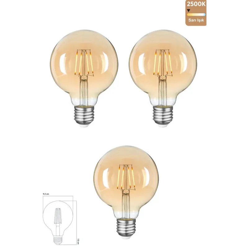 Edison Rustik LED Ampul G95 Globe – 3’lü Paket, E27 Duy, 4W 2500K Sarı Işık